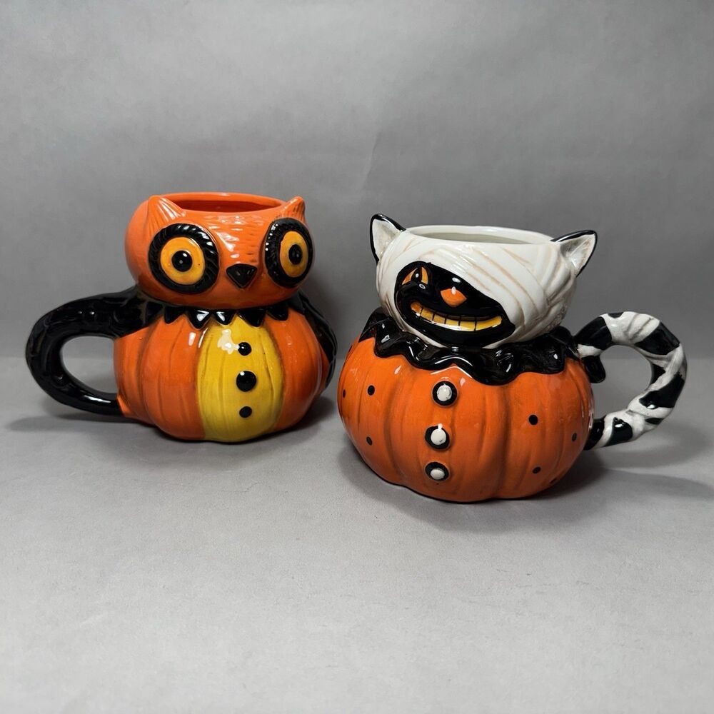 Johanna Parker Pumpkin Peeps Mug Set Halloween Owl & Mummy Cat